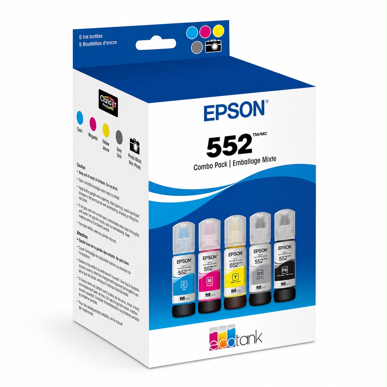 Epson 552 EcoTank Ink Bottle 5-Pack (Photo Black, Gray, Cyan, Magenta, Yellow)