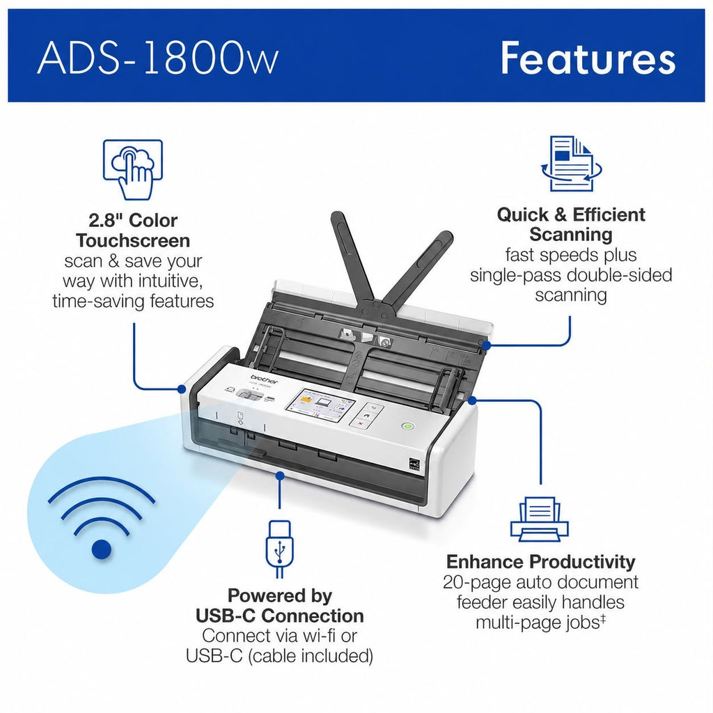 Brother ADS-1800W Wireless Compact Color Desktop Document Scanner | Grotta Markt
